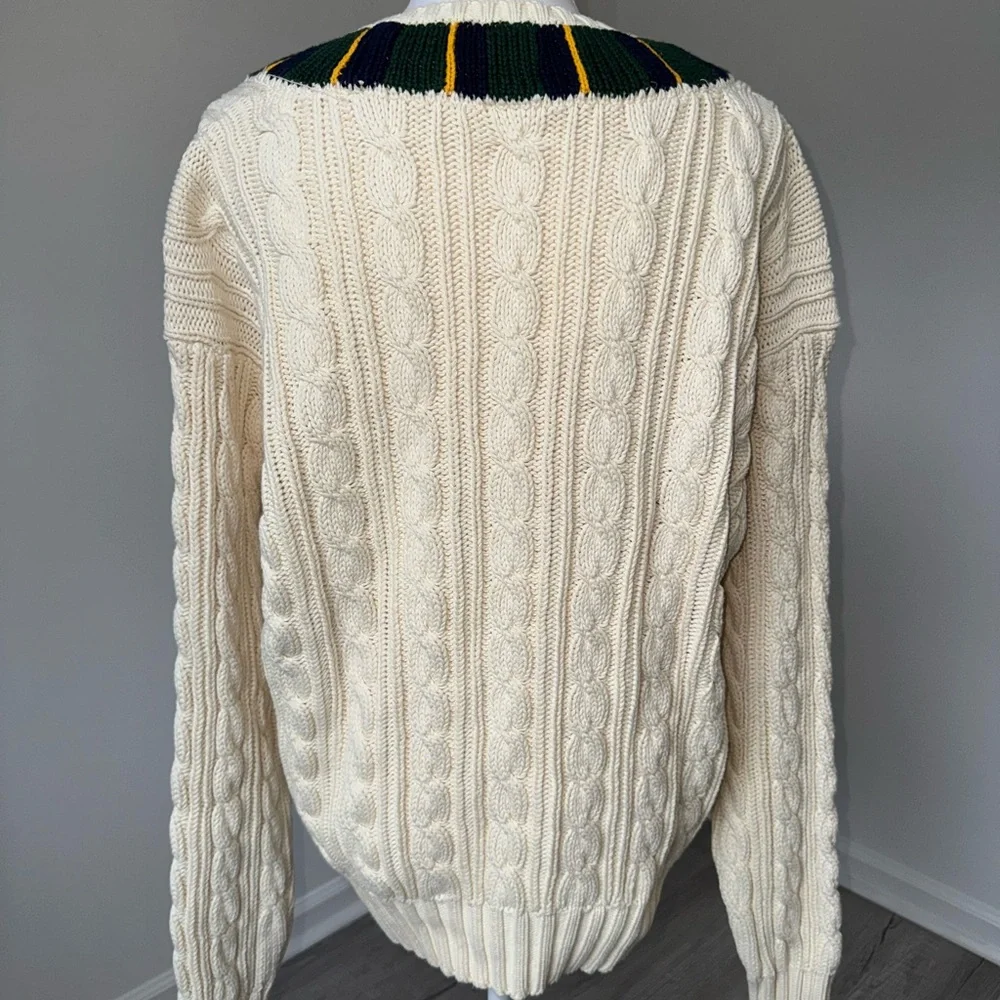 Polo Ralph Lauren‎ Cable Knit Cricket Sweater Cream Green Yellow Trim Varsity L
